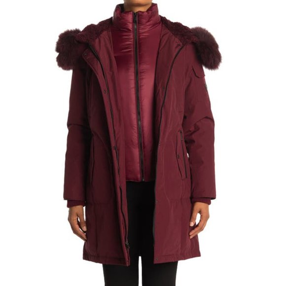 NEW 1MADISON Women Parka Burgundy Genuine Fox Fur Trim Mid Length Down Jacket - Picture 3 of 6
